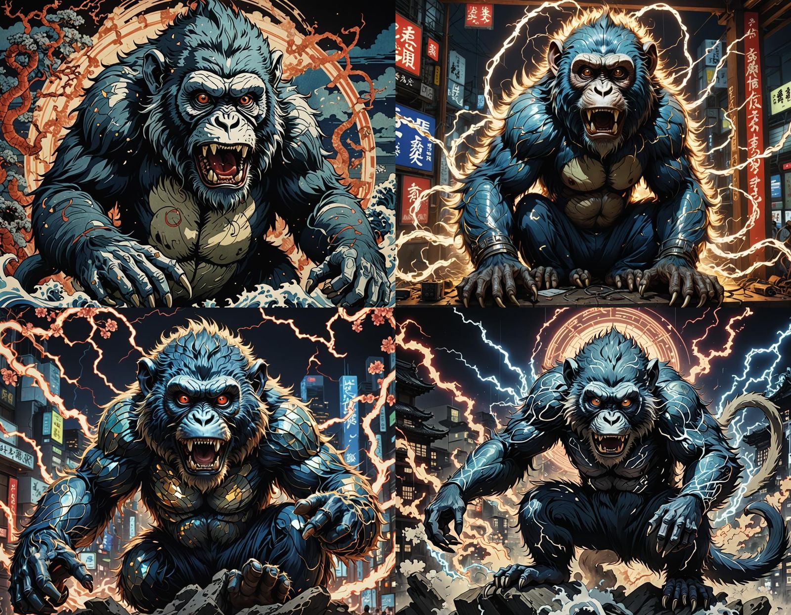 Holographic Rabid Monkey in Hokusai Electrical Style