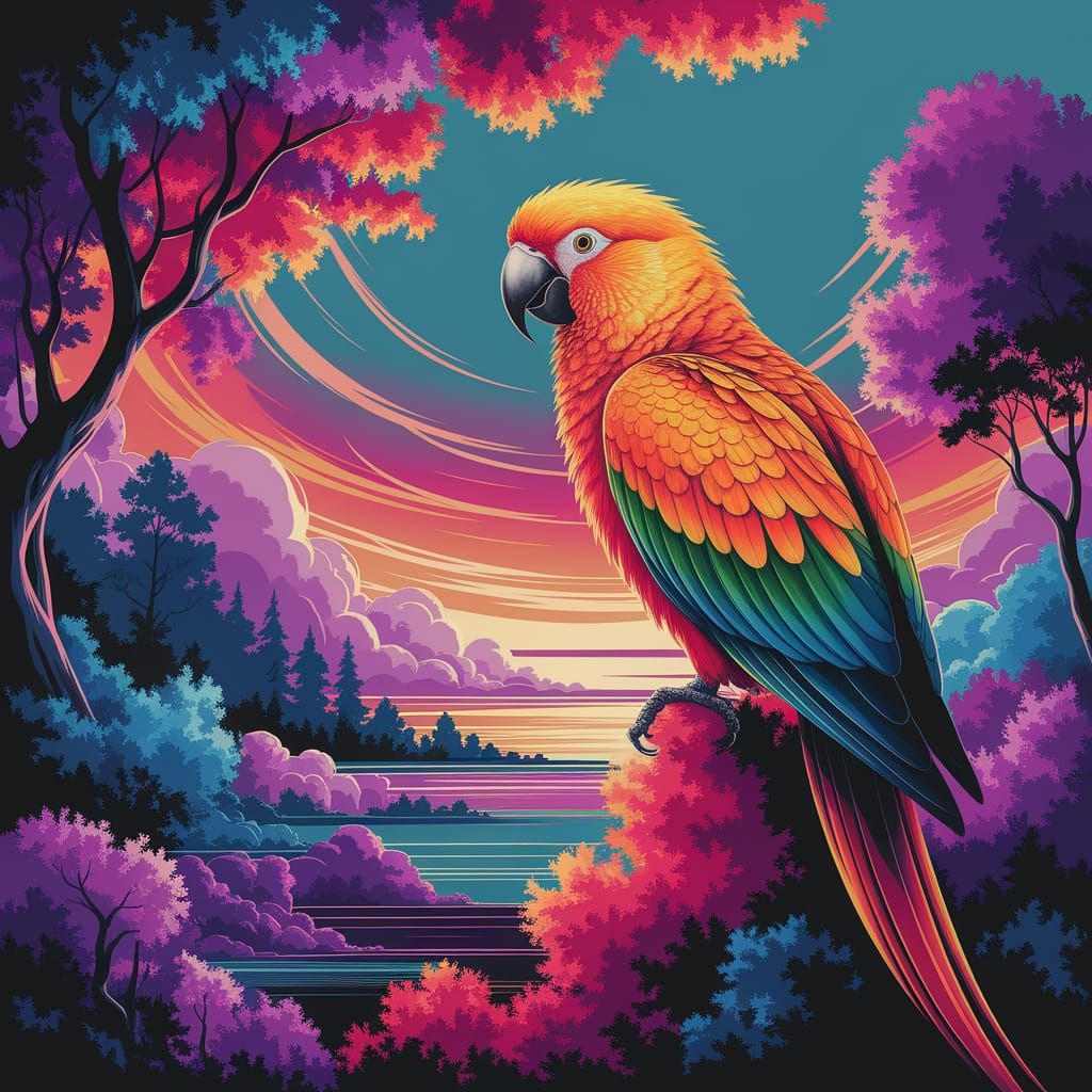 Majestic Saffron Parrot Soars on Vibrant Sunset Canopy