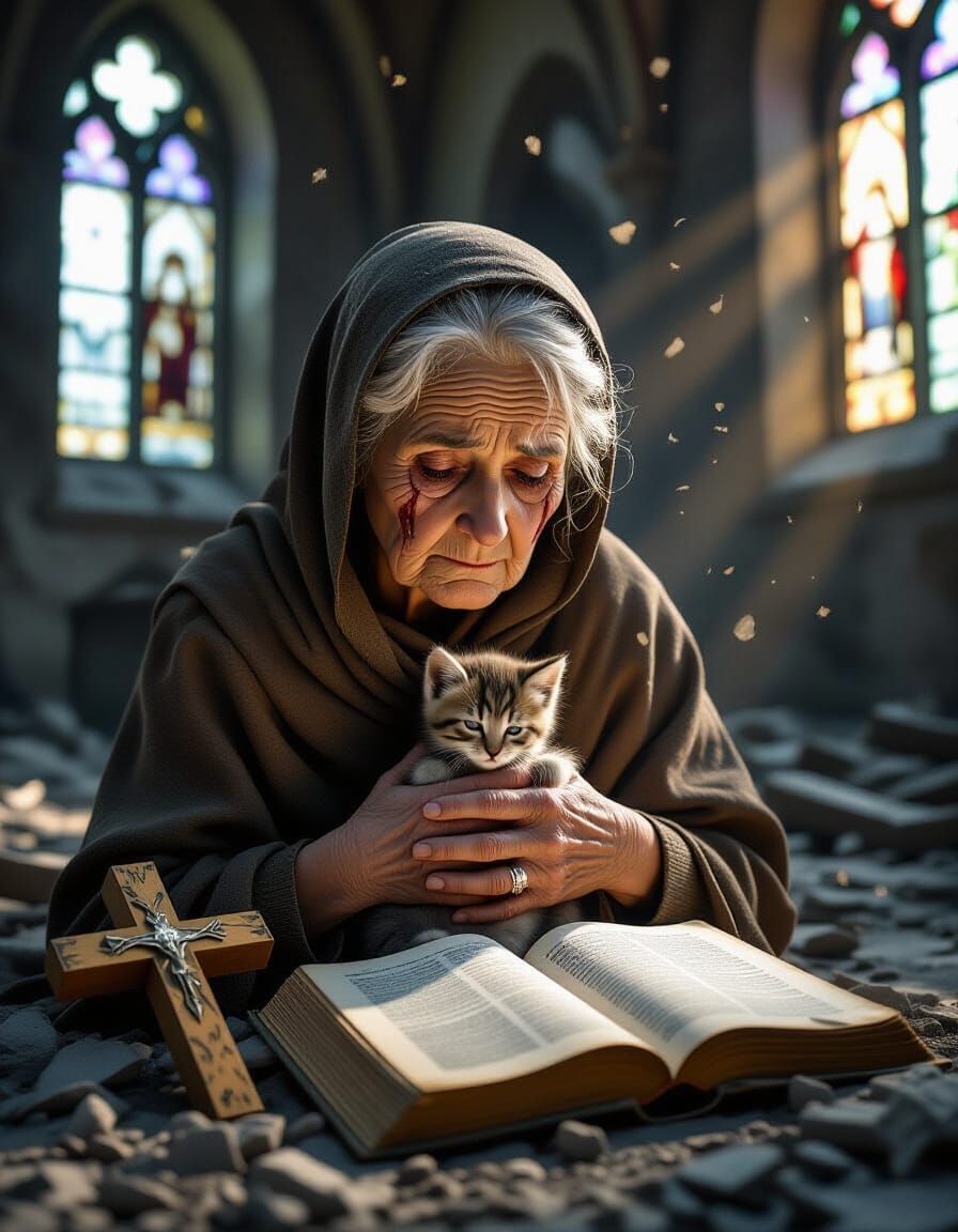Sorrowful Woman and Kitten in Ruined Church