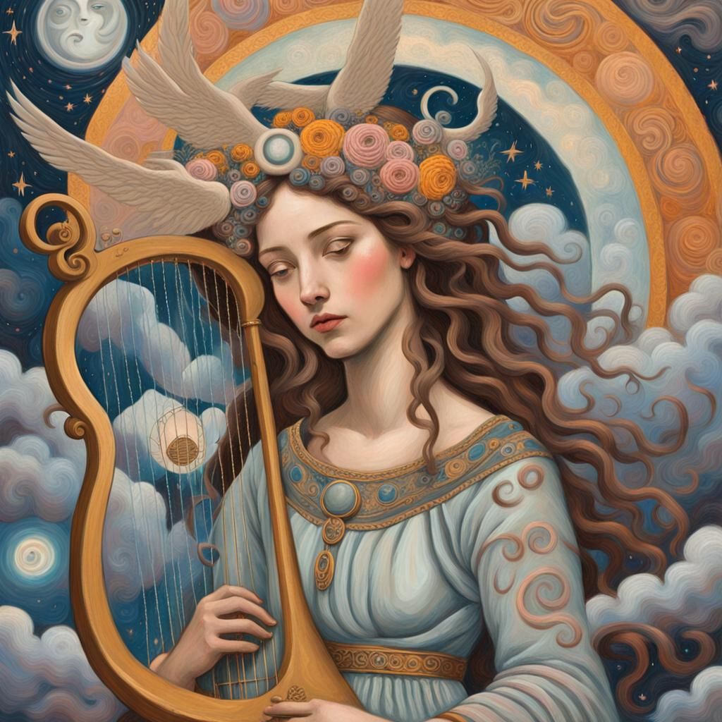 Mystic Goddess with Lyre in Symbolist Style