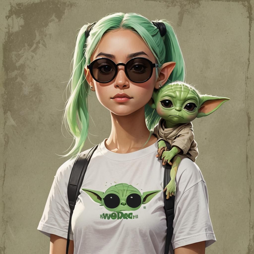 Green-Haired Girl with Yoda Illustration in Cinematic Style