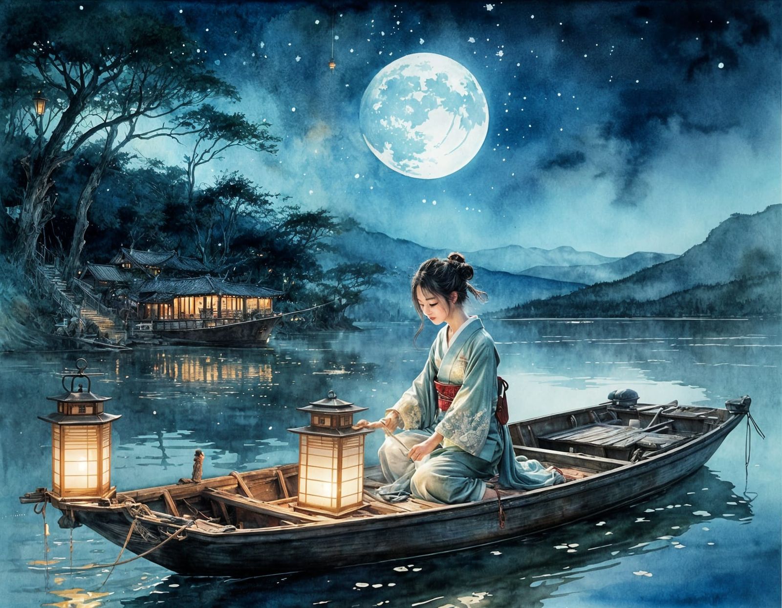 Japanese Beauty with Lantern in Watercolor Lakescape
