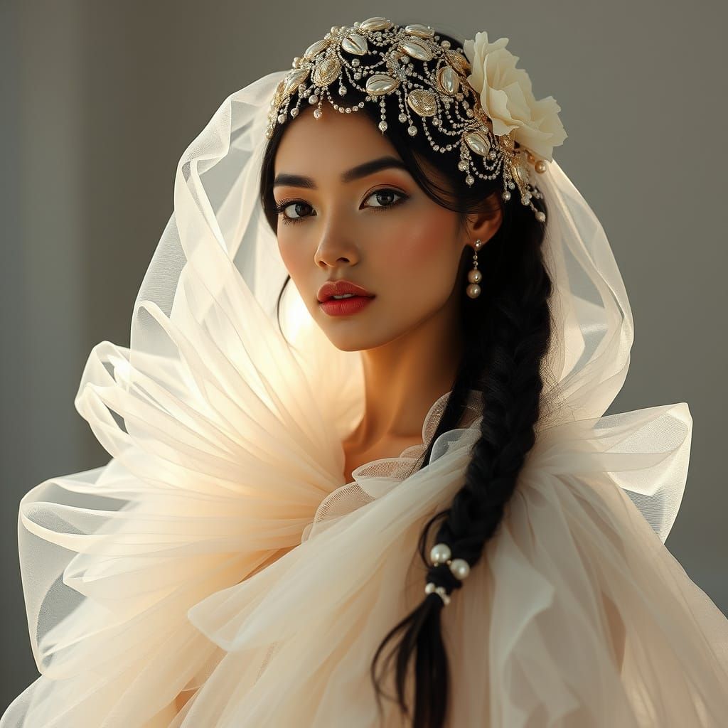 Ethereal Fashion Model in Diaphanous Tulle Cape