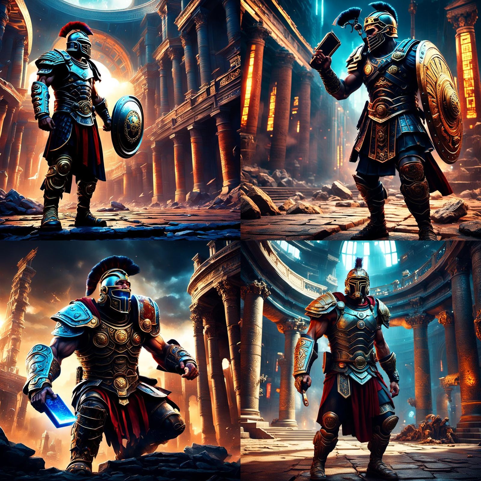 A fierce Roman gladiator talking on a cell phone time traveling to a Cyberpunk future, 2335.. Attention to detail and vi...