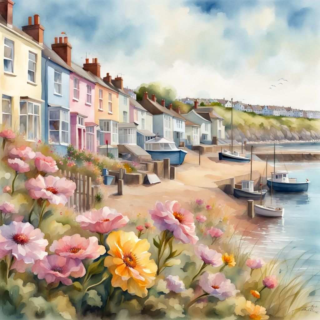 British Seaside Town in Summer: Watercolor Masterpiece
