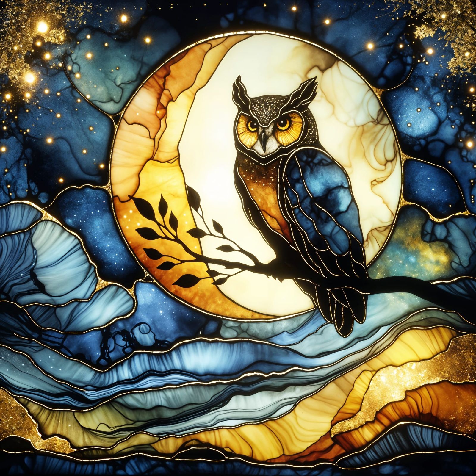 Stained-Glass Owl in Alcohol Ink Under Moonlight