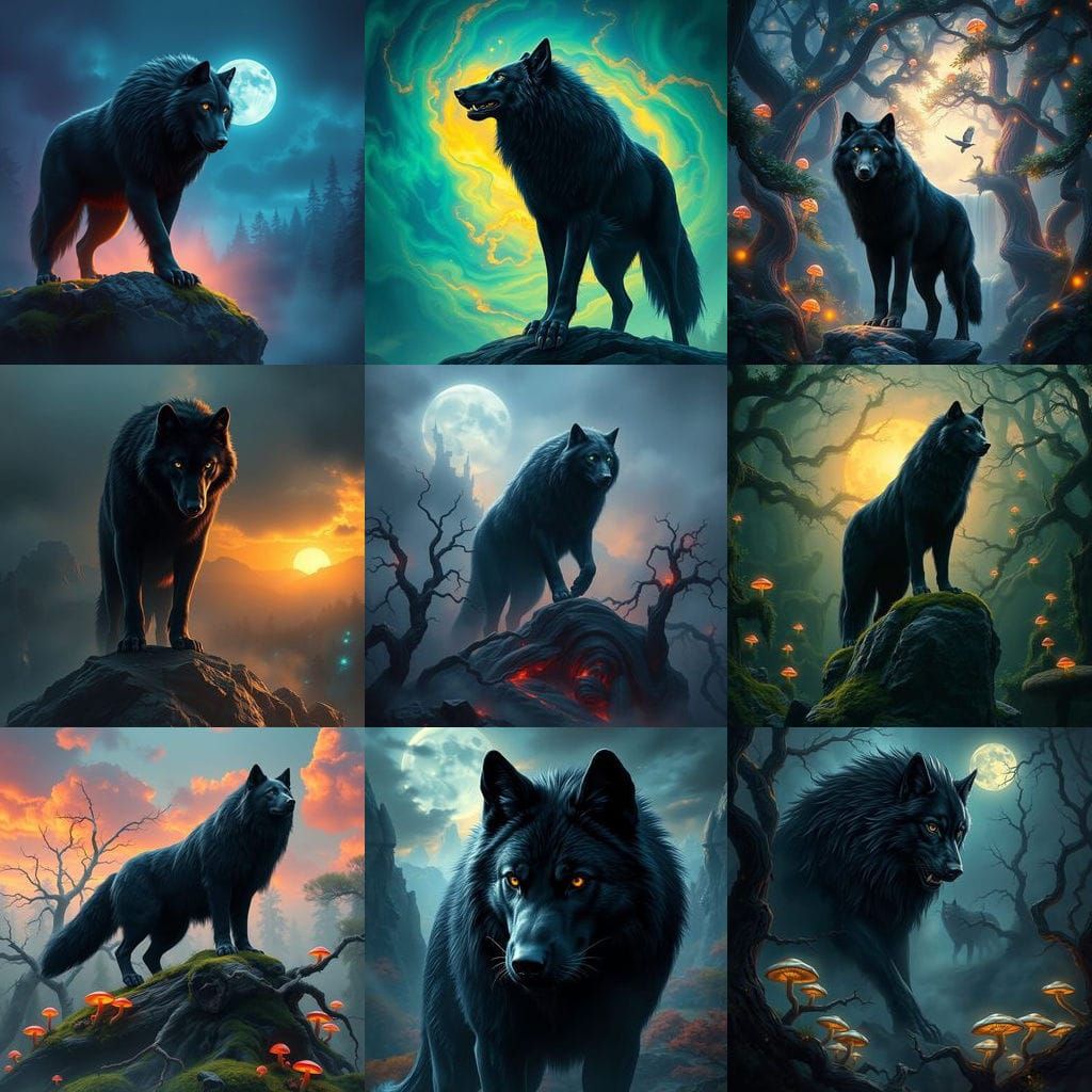 Epic Black Wolf Emerges from Mystic Forest