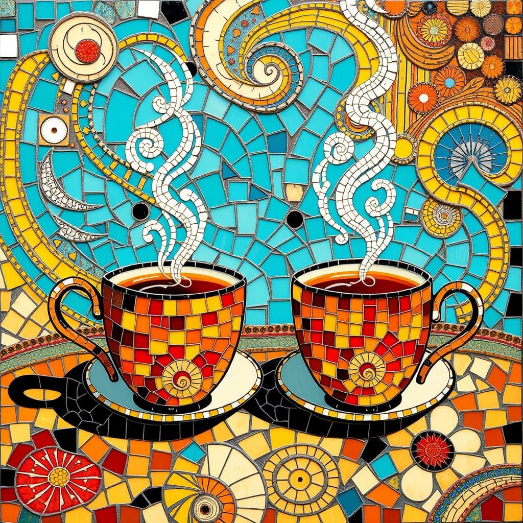 Mosaic Artwork of Steaming Tea Cups in Vibrant, Abstract Bac...