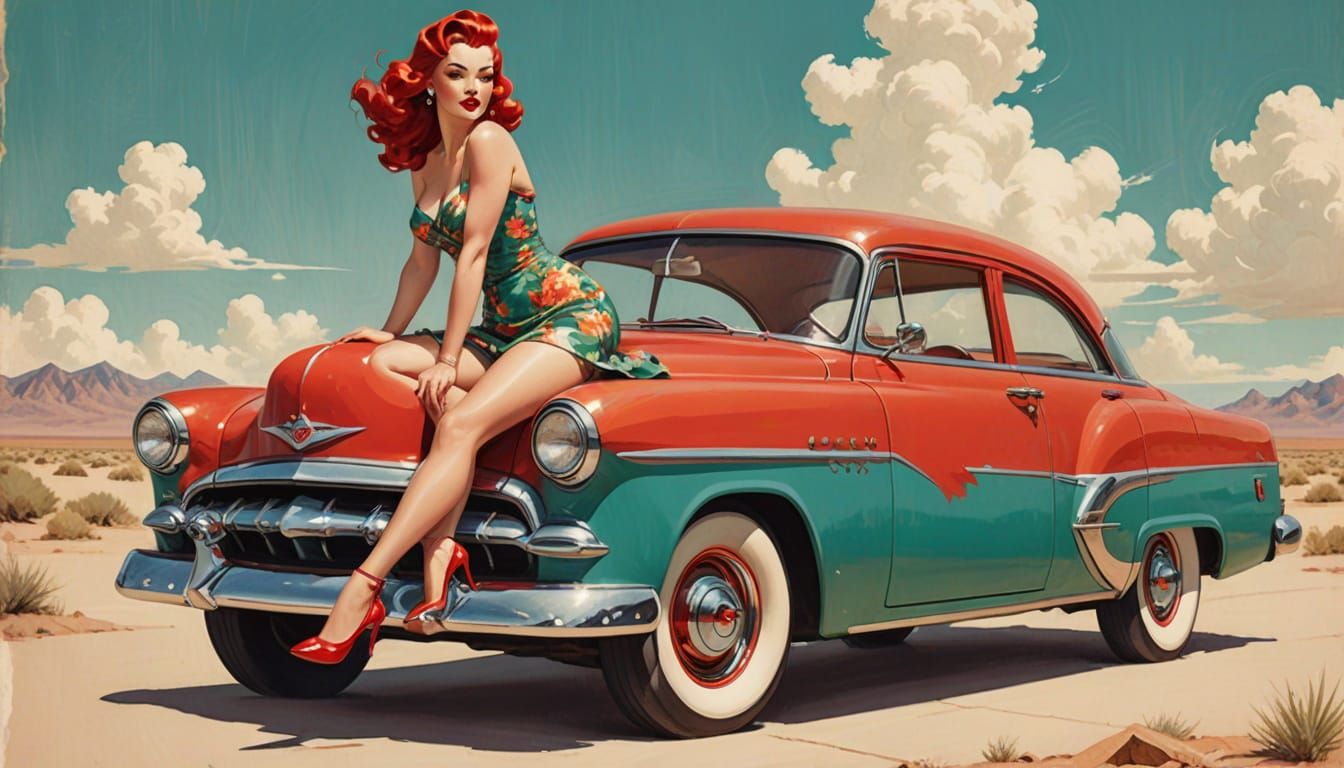 Retro Pin-Up Model in Vibrant Turquoise Dress and Red Hair