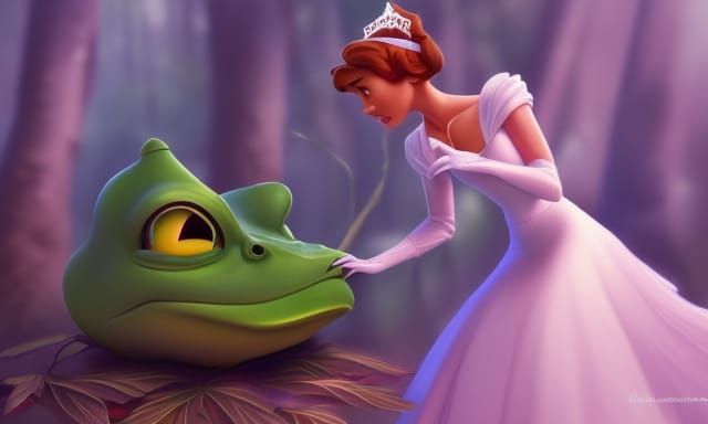 Princess and Frog, Surprised in Woods, Digital Art
