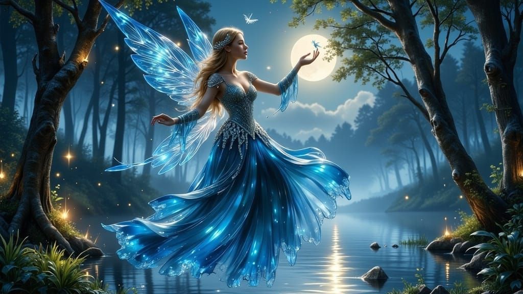 Elf Fairy Queen Over Misty Pond Under Moonlit Sky