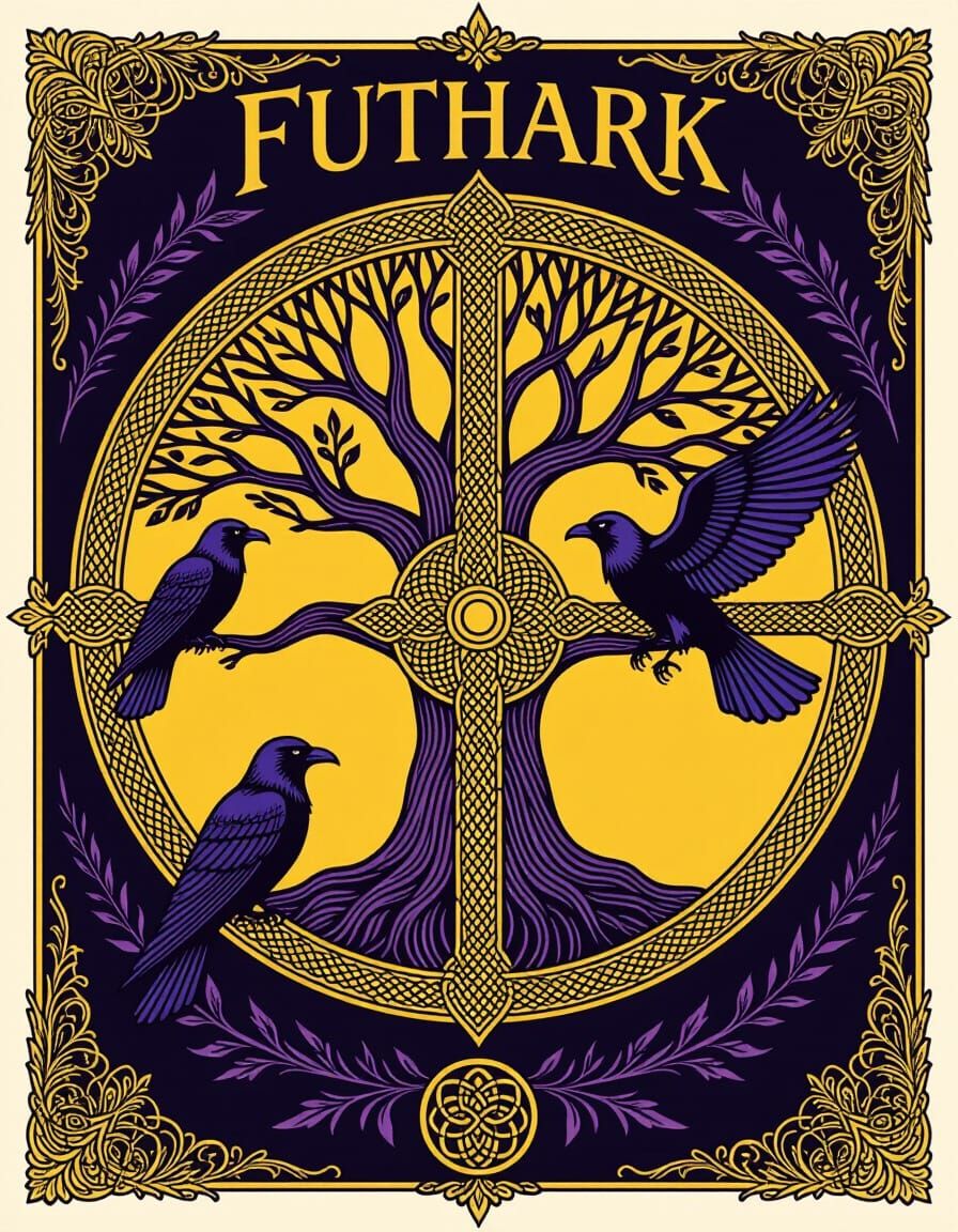 Yggdrasil and Futhark Runic Wheel in Dark Fantasy Style