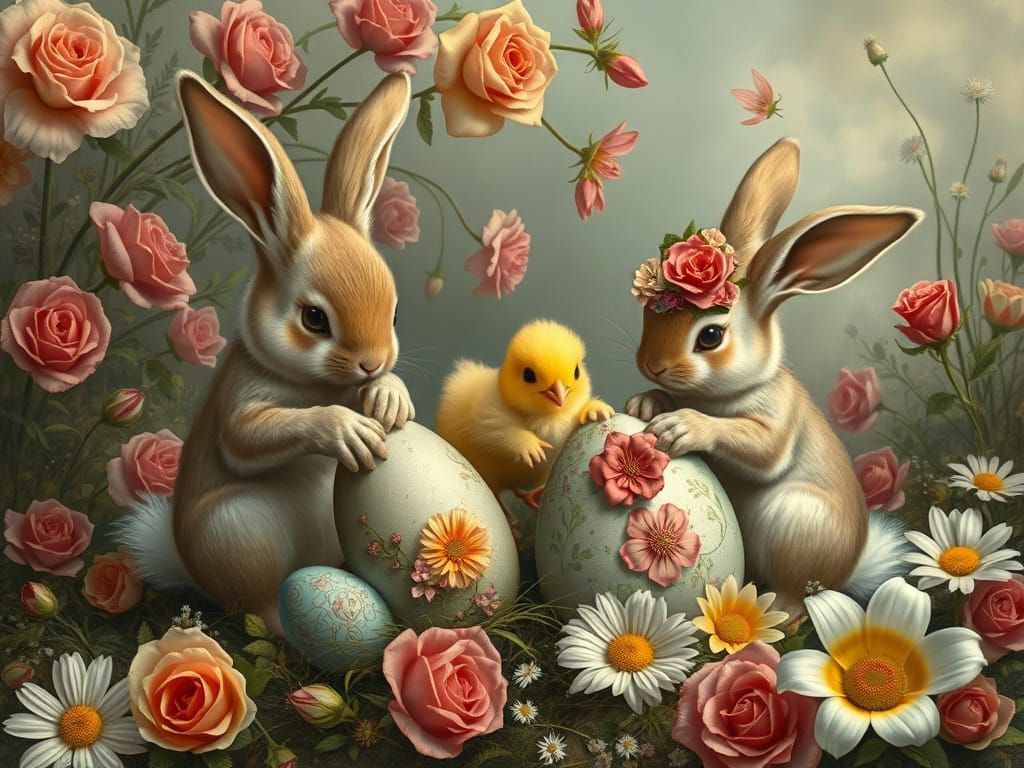Easter Bunnies Decorating Eggs in Fantastical Landscape