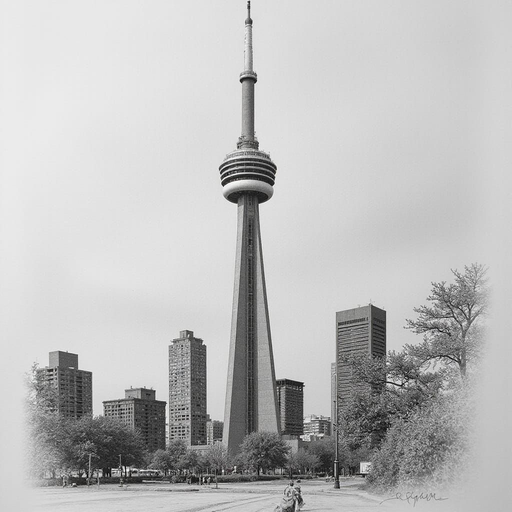 Detailed Pencil Sketch of CN Tower with Bokeh