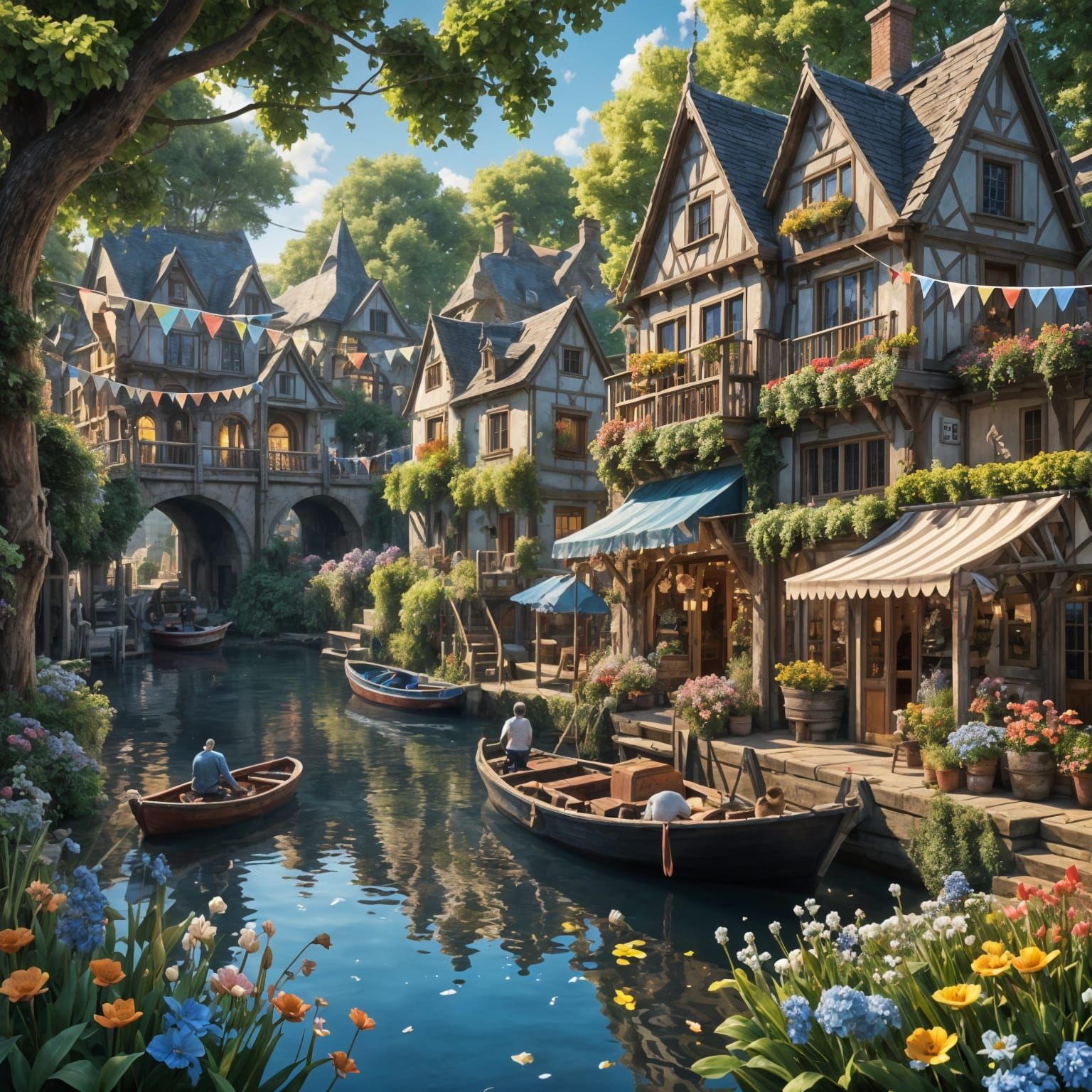 Vibrant Summer Village on the Riverbank