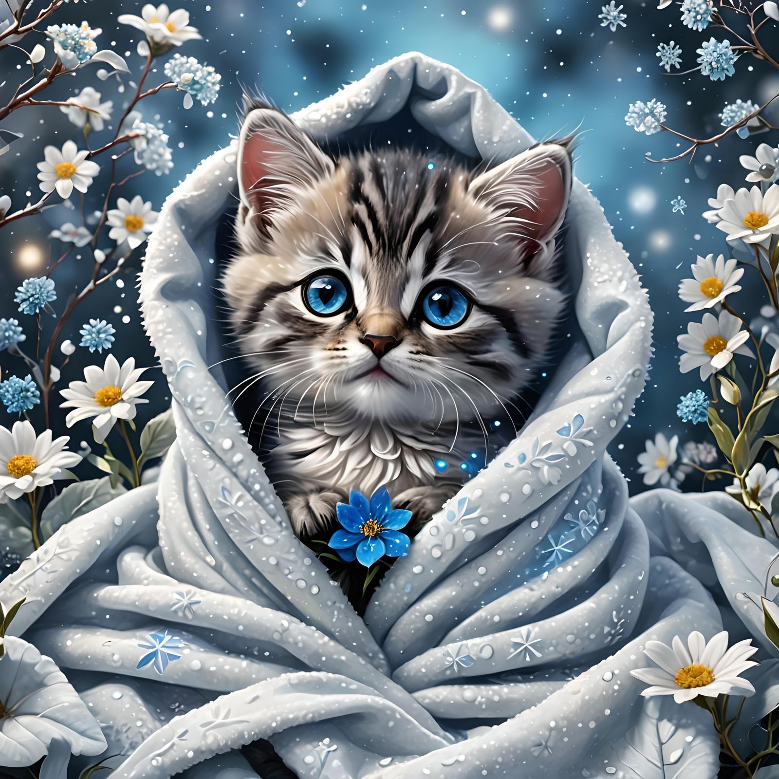 Cute Kitten with Blue Flower in Winter Garden