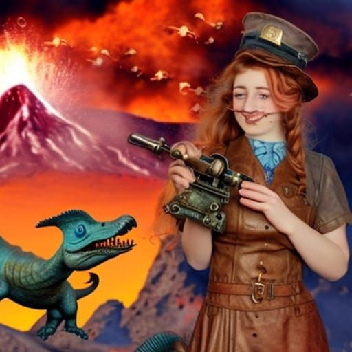 Steampunk Flapper with Blowtorch in Volcanic Dinosaur Scene