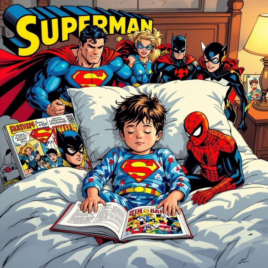 Boy's Superhero Comic Book Dream: Dynamic Scene