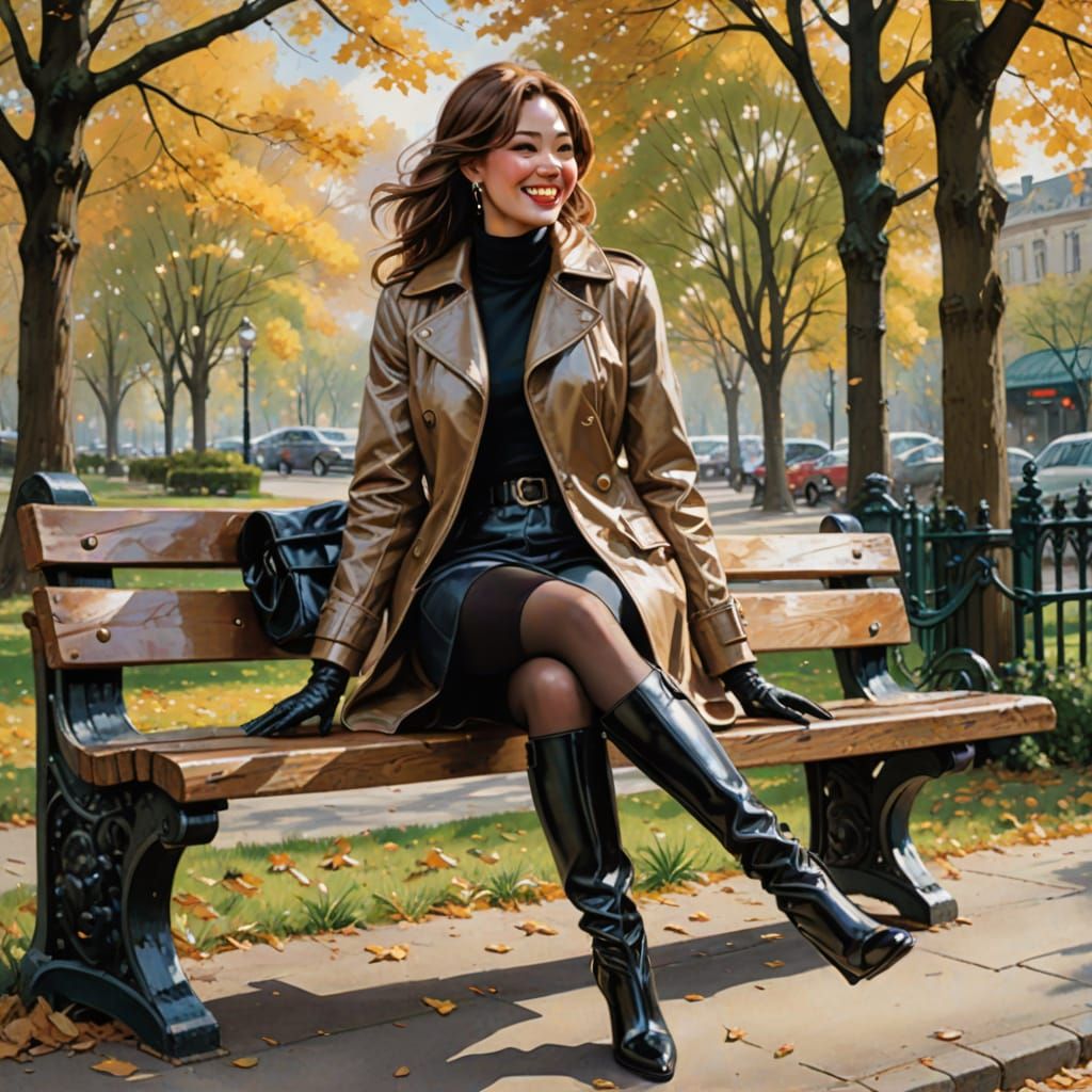Woman on Park Bench in Illustrative Style