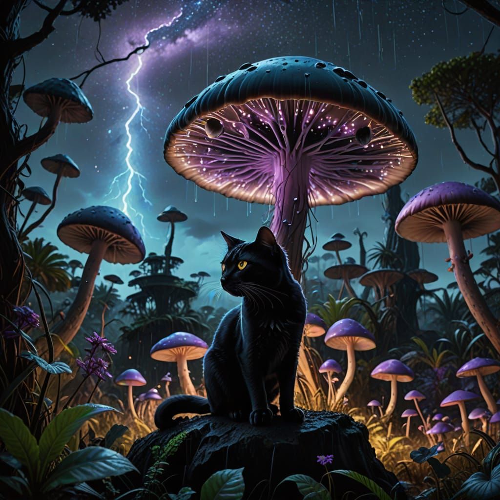 Cosmic Bioluminescent Mushroom Jungle Scene in Hyperrealisti...