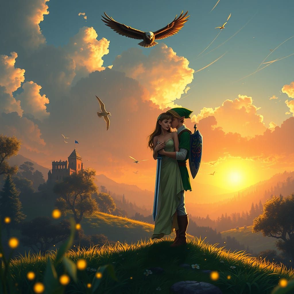 Heroic Link Cradles Princess Zelda in a Serene Rito Village ...