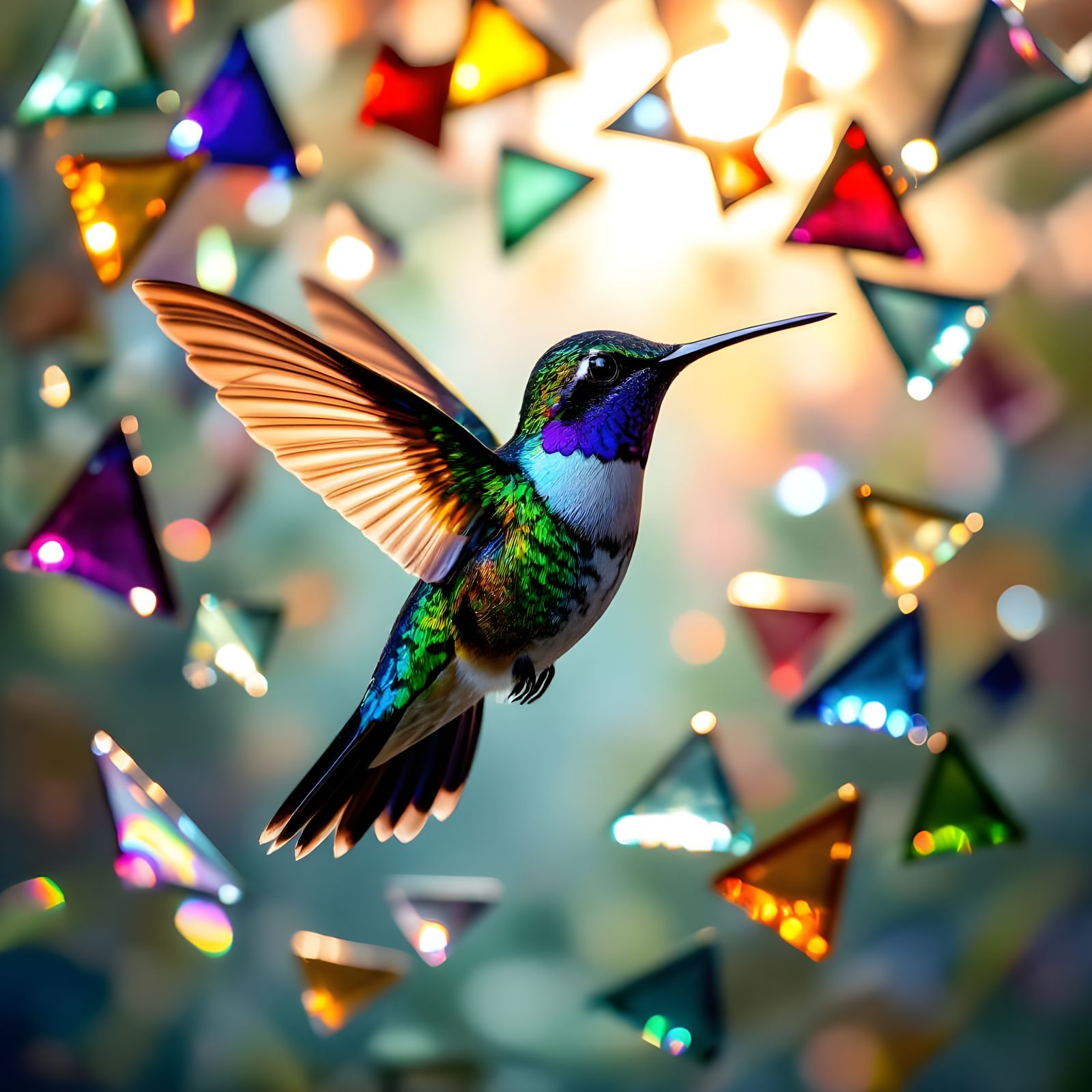 Vibrant Glass Mosaic Hummingbird in Flight
