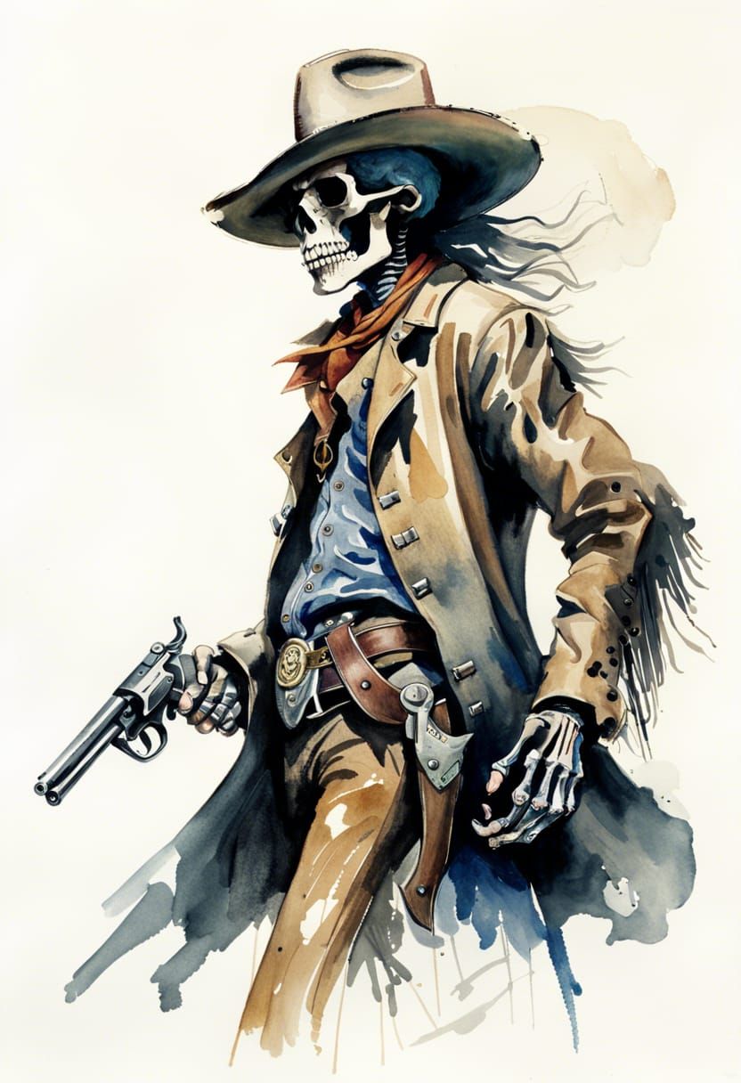 Skeletal Cowboy in Dramatic Watercolor Sketch