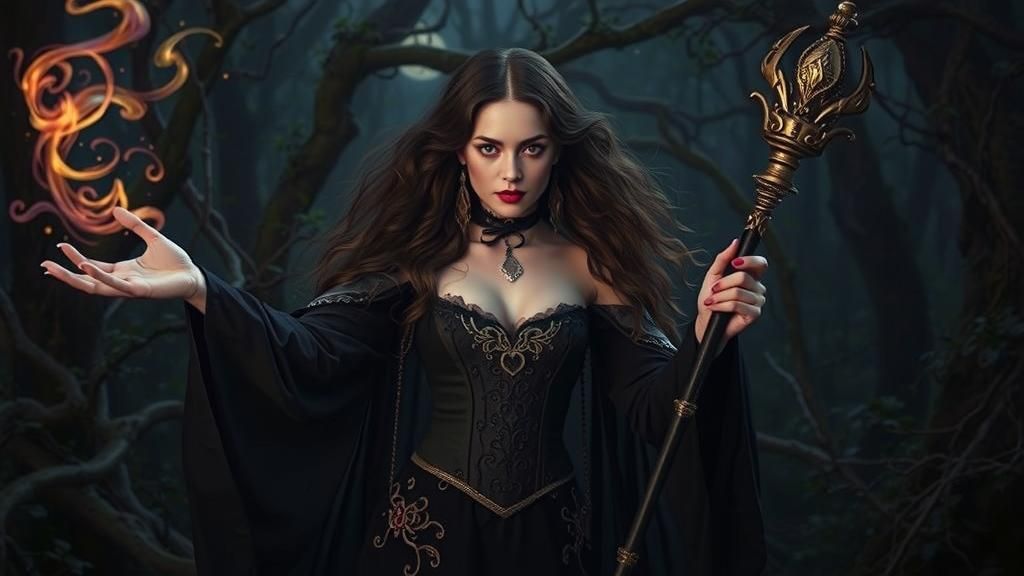 Mystical Sorceress in Enchanted Forest, Romantic Art