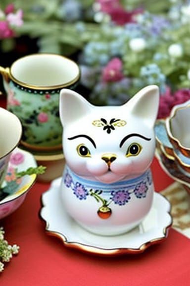 Lucky Cat Figurine in Watercolor Harajuku Style