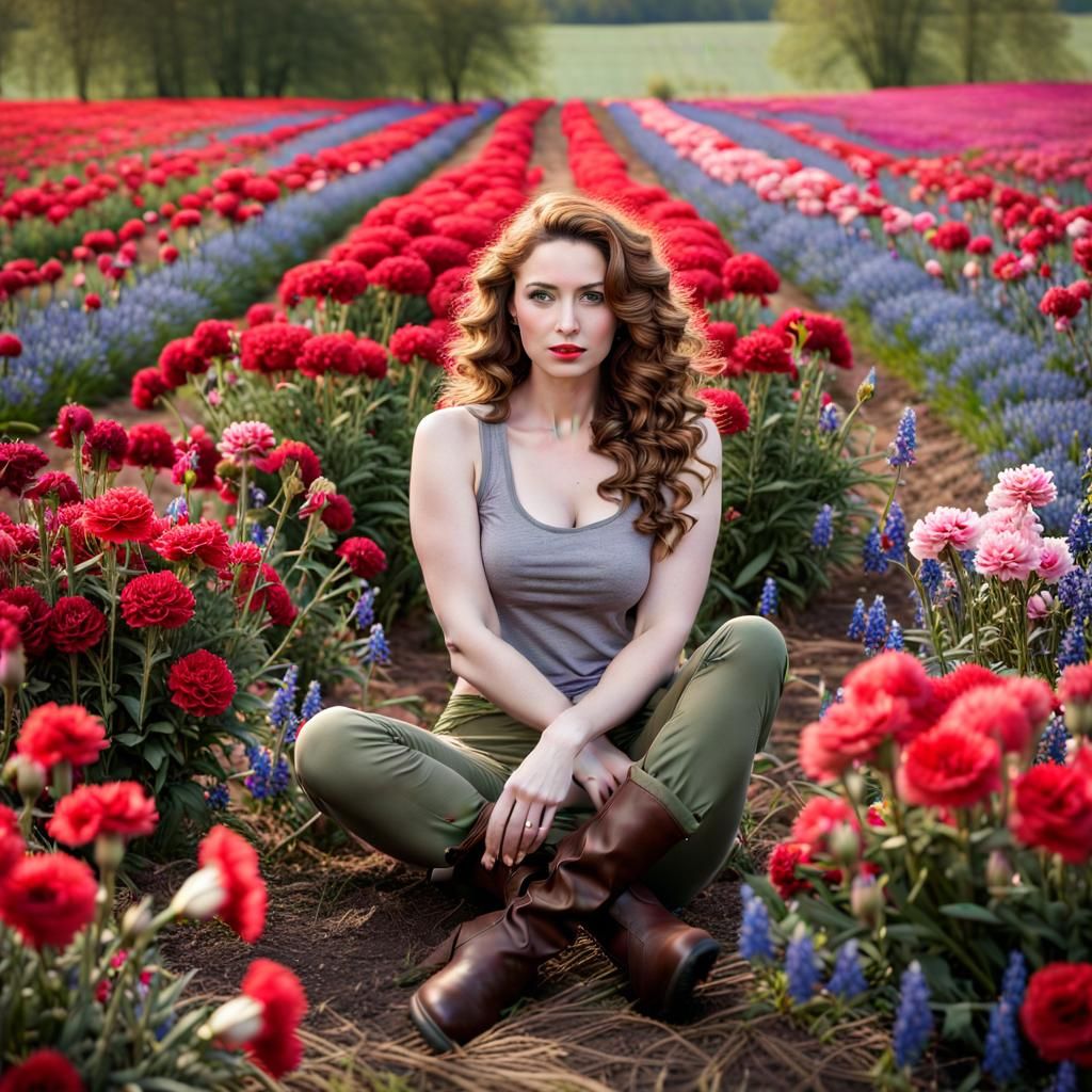 Woman in Field of Flowers: Realistic Full Body Shot