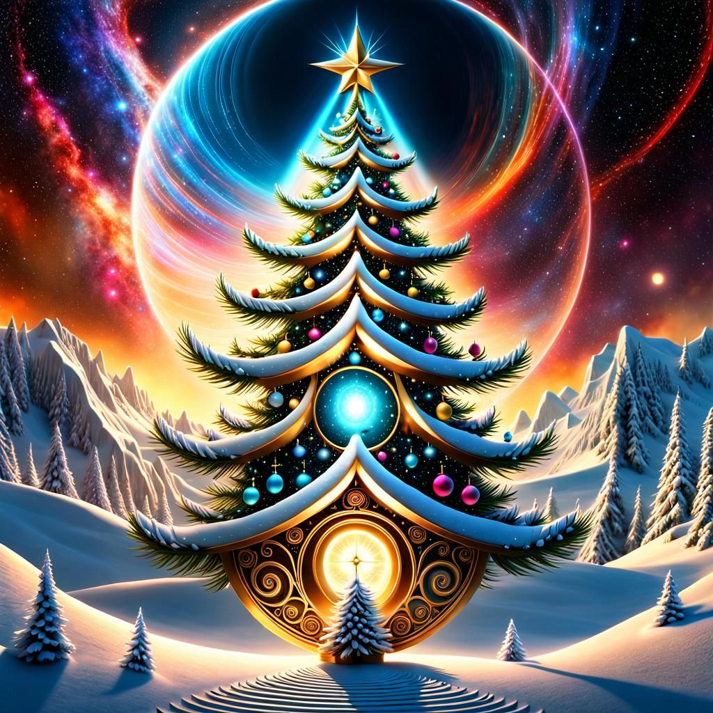 Cosmic Christmas Tree: Surreal 3D Fantasy