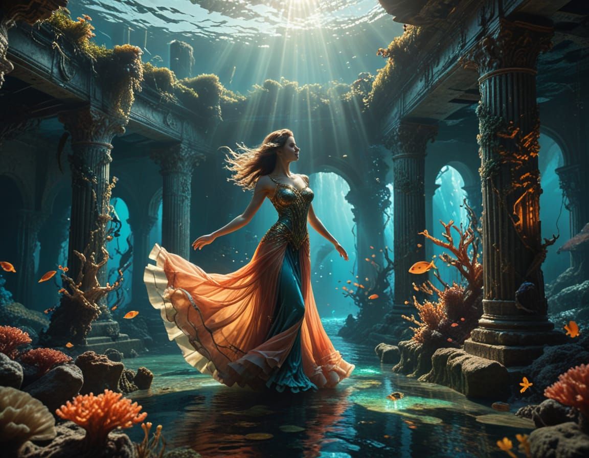 Woman Dancing in Sunlit Coral Reefs
