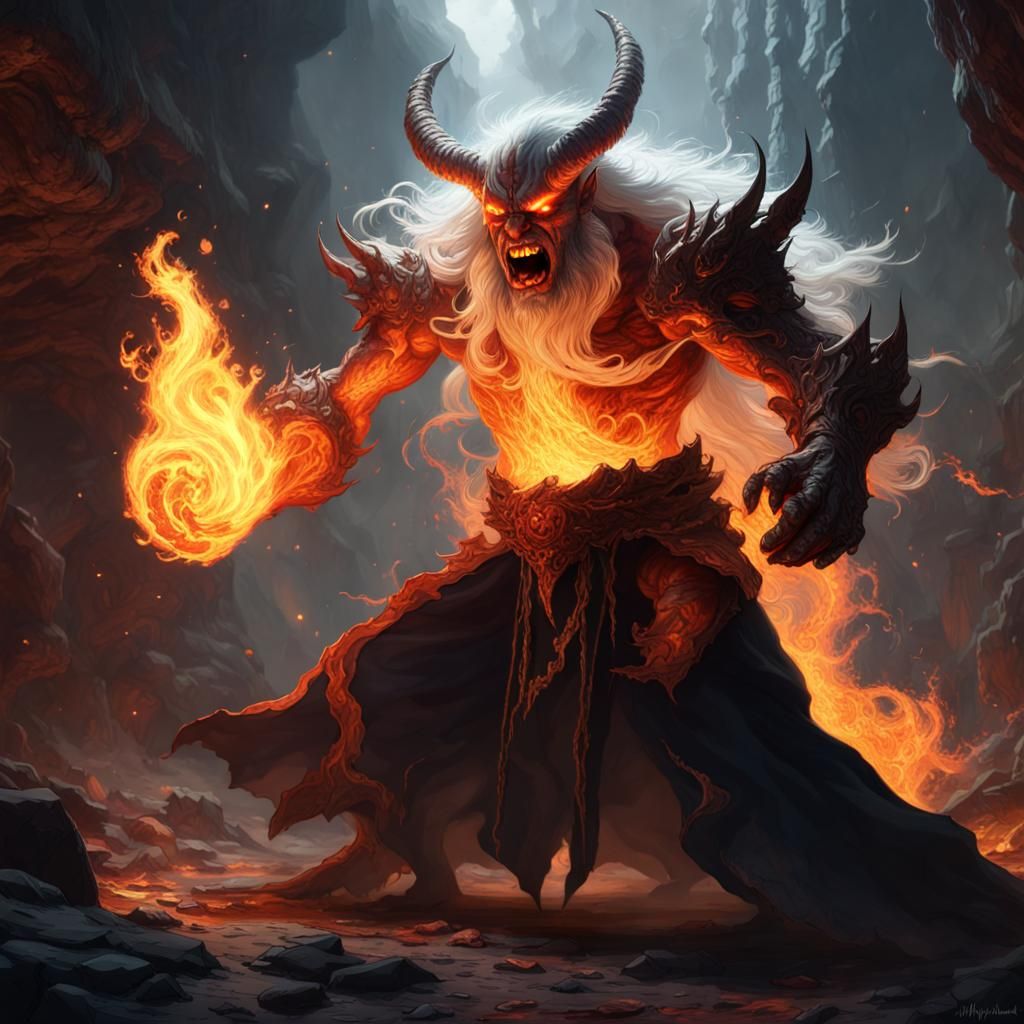 Wizard Battles Fire Demon in Dark Fantasy Art