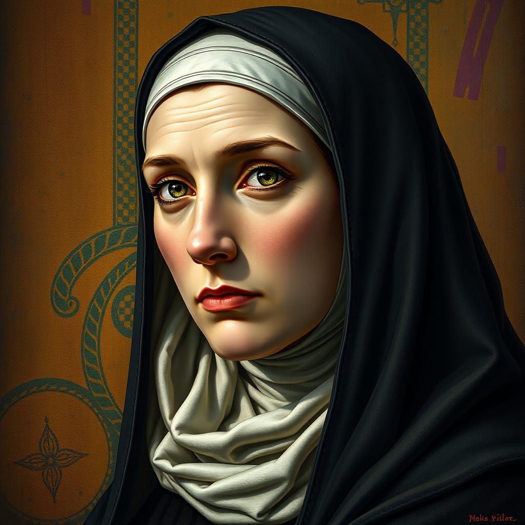 Medieval Nun in Vibrant Tapestry-Inspired Setting