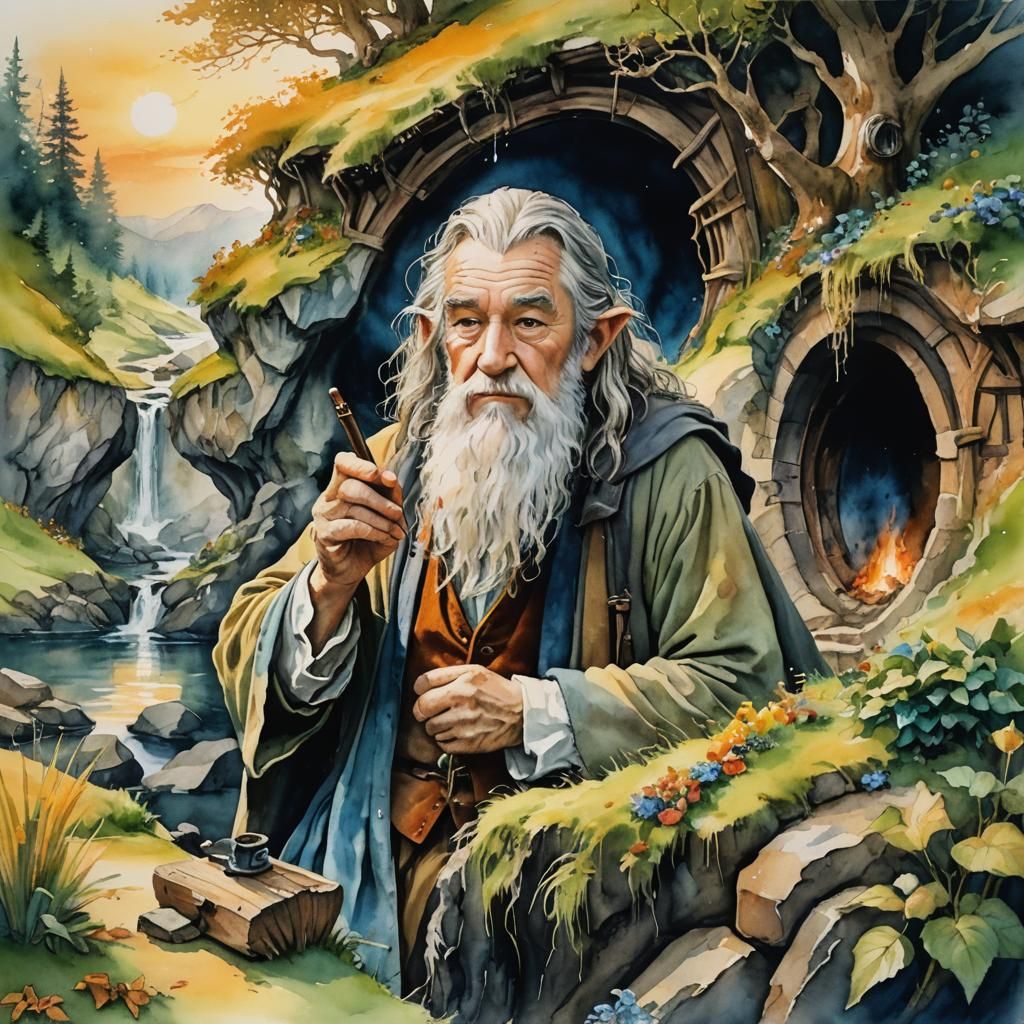 Gandalf at Bag End: A Watercolor Illustration