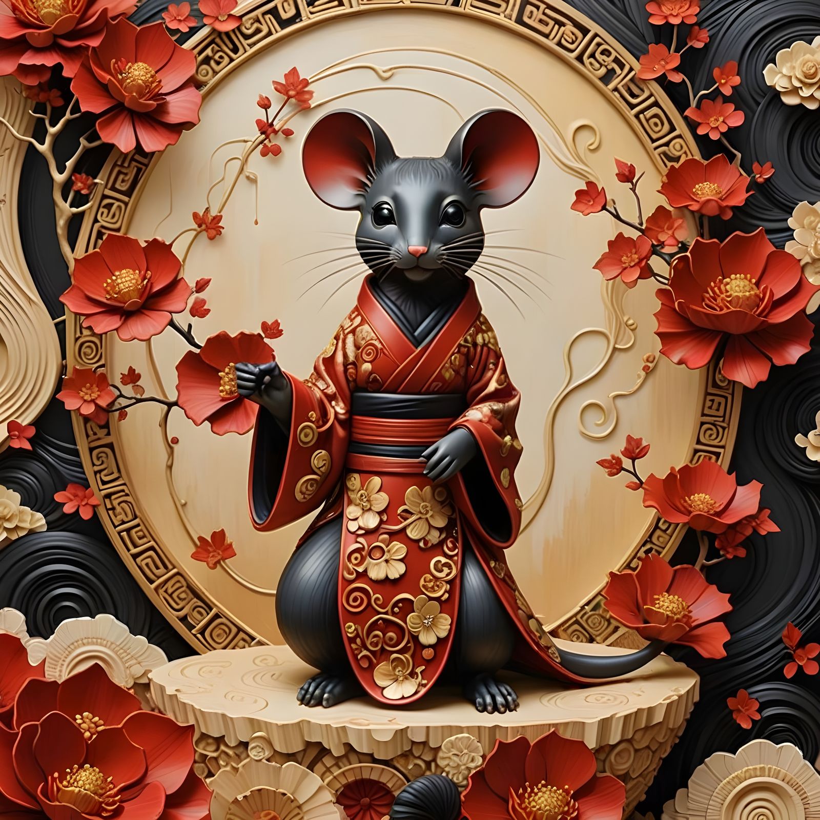 Surreal Clay Mouse Geisha with Elegant Red Kimono