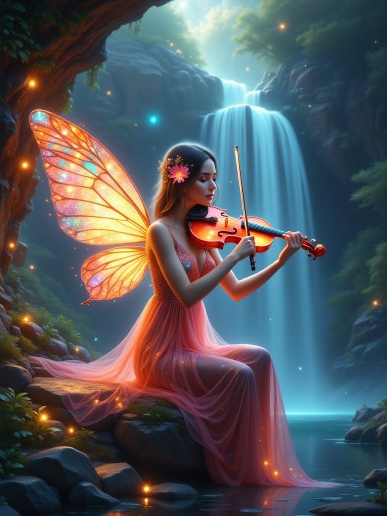 Fairy Violinist in Glimmering Cave, Digital Art