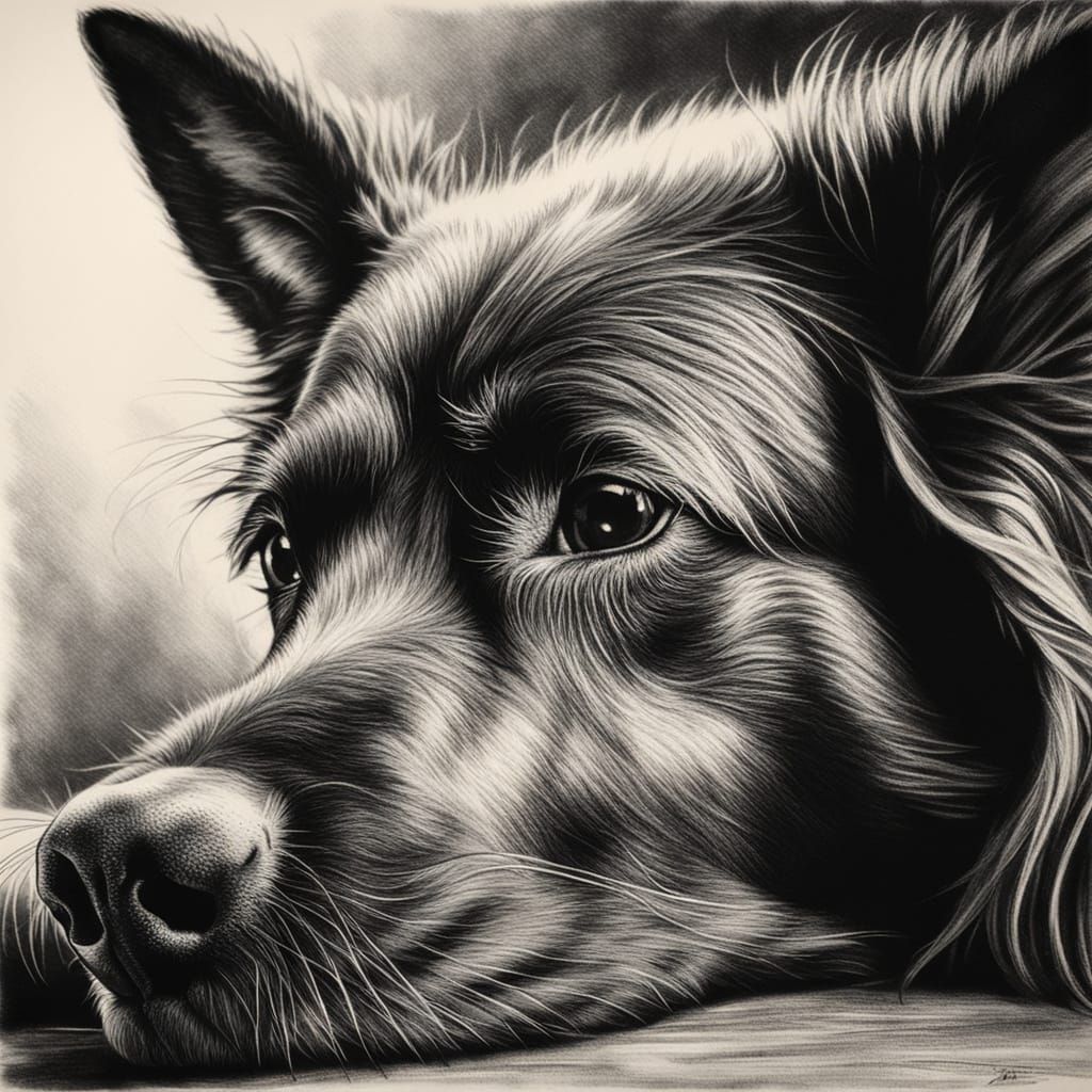 Photorealistic Charcoal Drawing of a Relaxed Dog