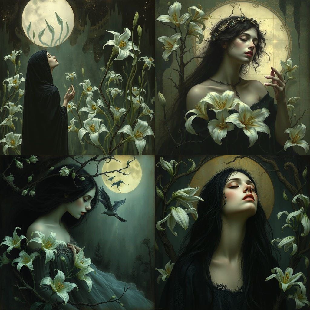 Ethereal Sorrow: Art Nouveau Girl with Lillies and Thorns