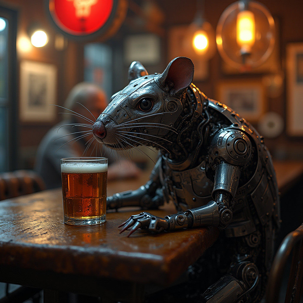 Cybernetic Rat in a Cyberpunk Pub