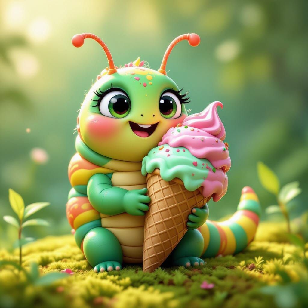 Pixar-Style Caterpillar Enjoying Ice Cream
