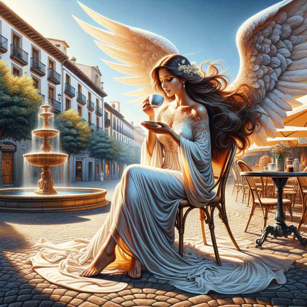 Angel Savoring Coffee in Spanish Setting