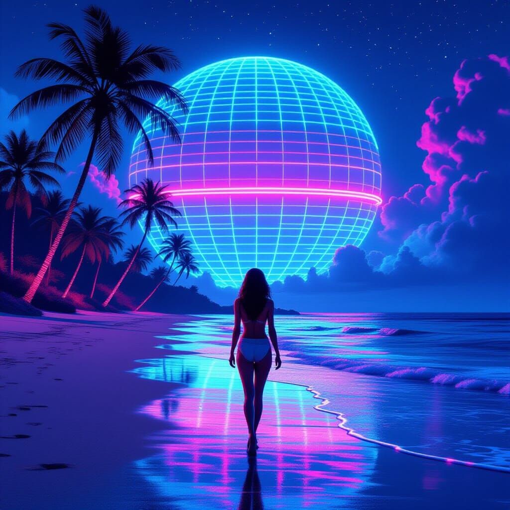Woman on Neon Beach in Vaporwave Style