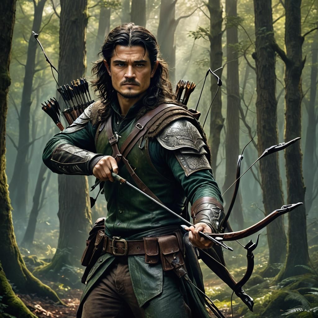 Fantasy Ranger in Forest: Digital Art Nouveau Style