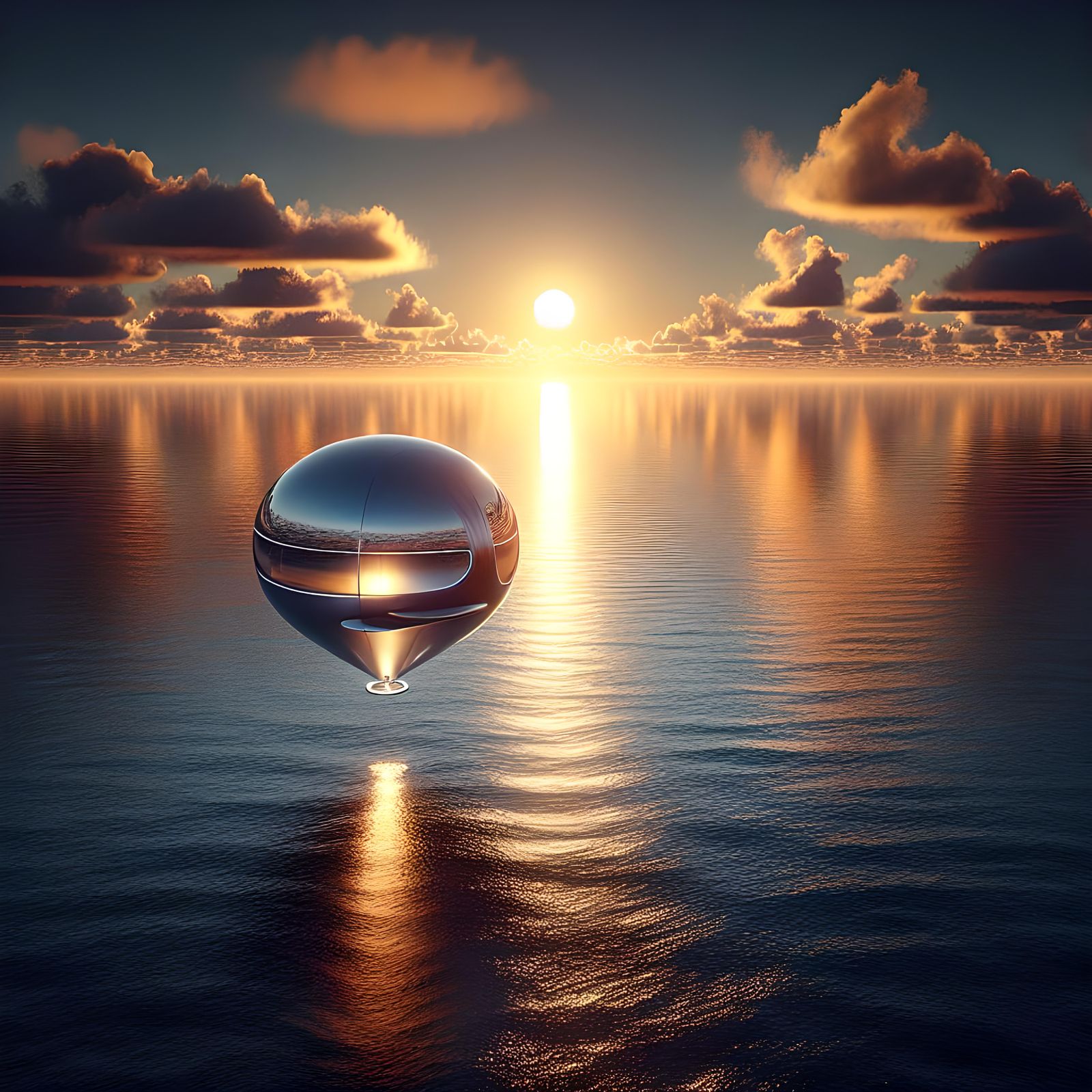 Golden Hour: Futuristic Hot Air Balloon Over Ocean