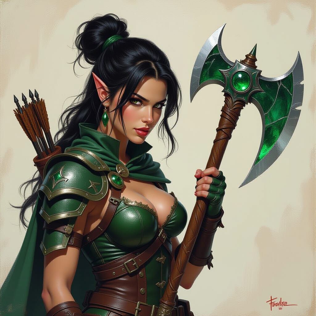 Elf Warrior with Obsidian Axe, Fantasy Oil Painting