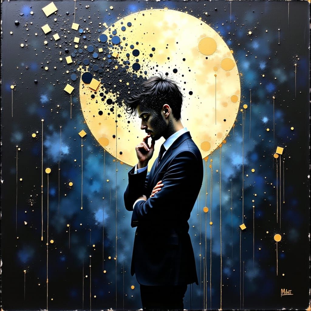 Dissolving Businessman in Cosmic Impasto Oil Painting