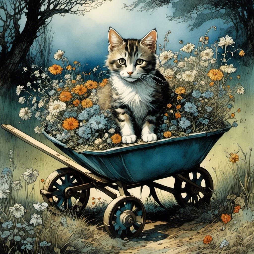 Cat in Wheelbarrow of Flowers: Fairytale Illustration