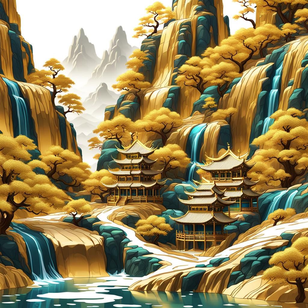 Chinese Embroidery Mountain Pavilion in Gold and Blue