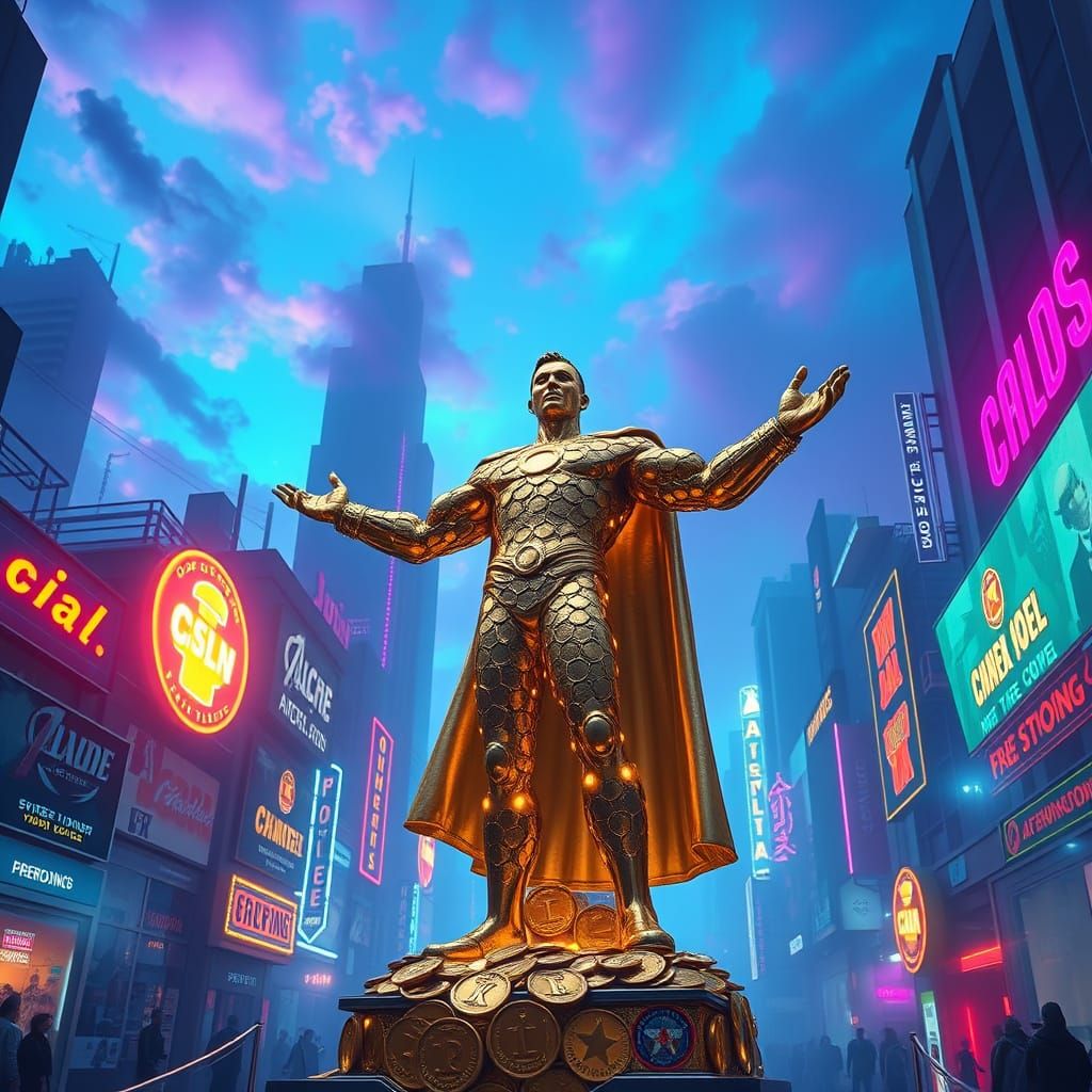 Golden Superhero Statue in Neon Cityscape